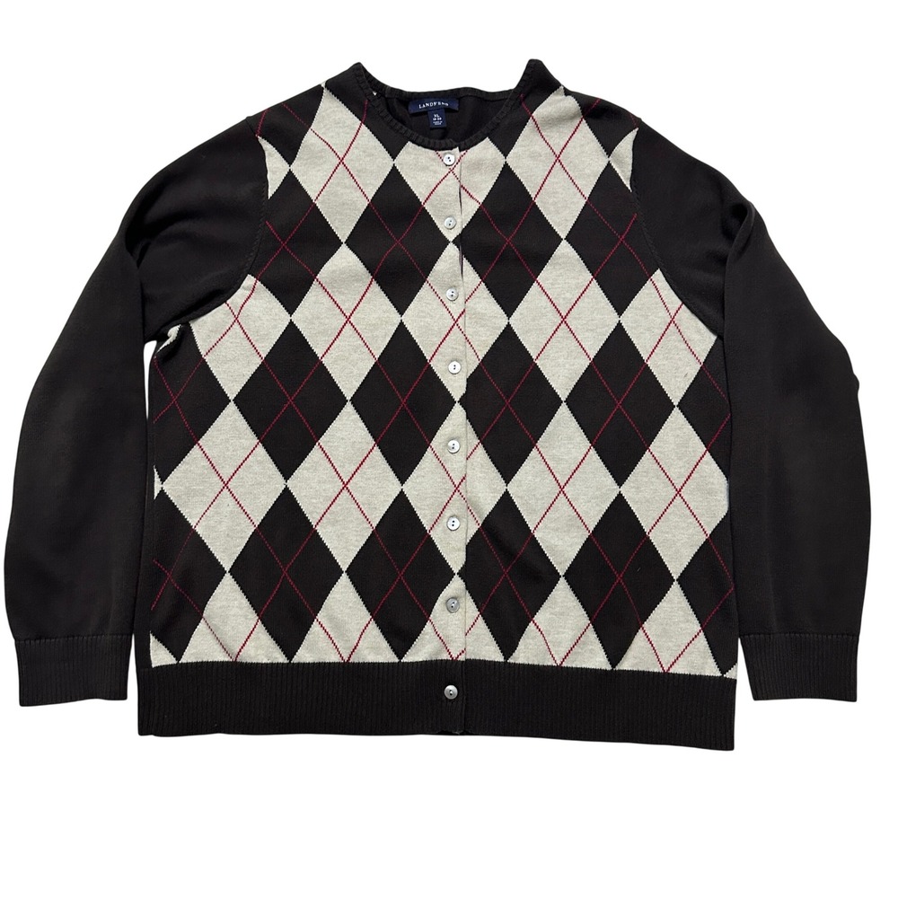 Lands End Brown Argyle Cardigan Sweater XL 100% Cotton Preppy Academia Timeless